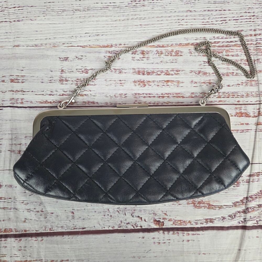 Gianni Bernini Navy Quilted Faux Leather Clutch Chain Strap Parisian Holiday Lux